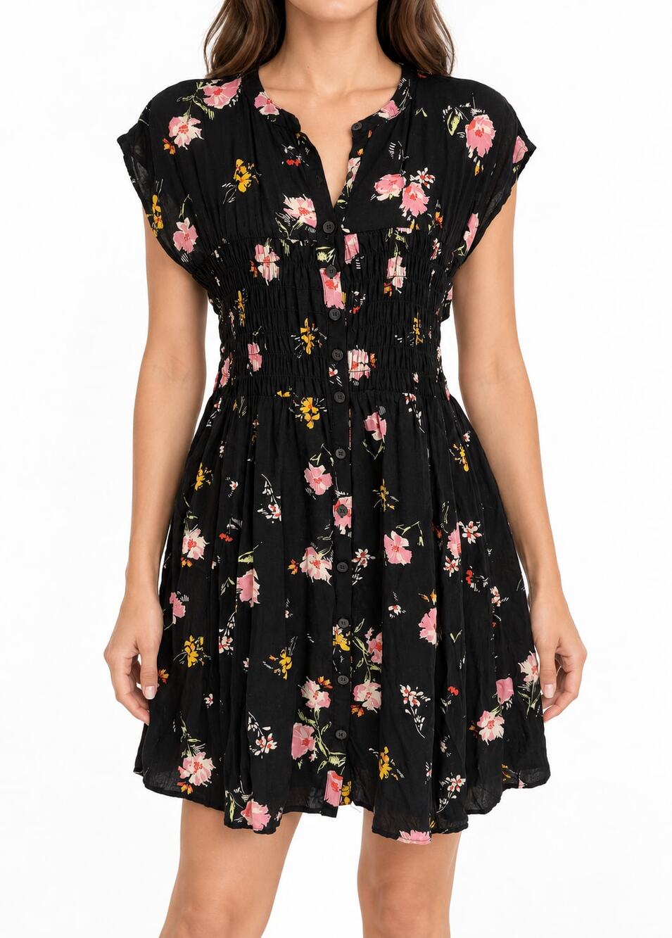 Free People Women's M Black Rayon Floral Button-Front Smocked Mini Dress Boho